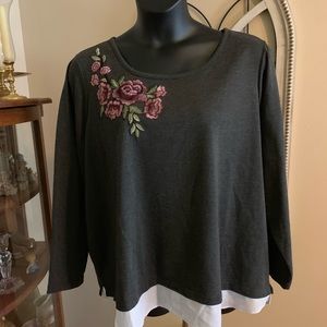 Gray top with floral embroidery